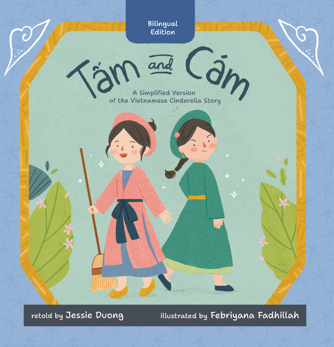 Tam and Cam: Tam in pink and blue dress; Cam in a Green dress looking backwards